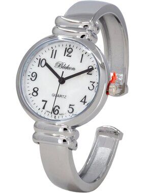 Women's Silver White Analog Quartz Metal hinged Bangle Pearl Cuff Bracelet Watch